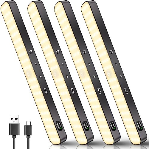 Ferswe Schrankbeleuchtung Led mit Bewegungsmelder, Anzeige des Batteriestands, 4 Stück Unterbauleuchte Küche Led, USB Wiederaufladbar Schranklicht, Kleiderschrank Licht mit Bewegungsmelder, 3000K