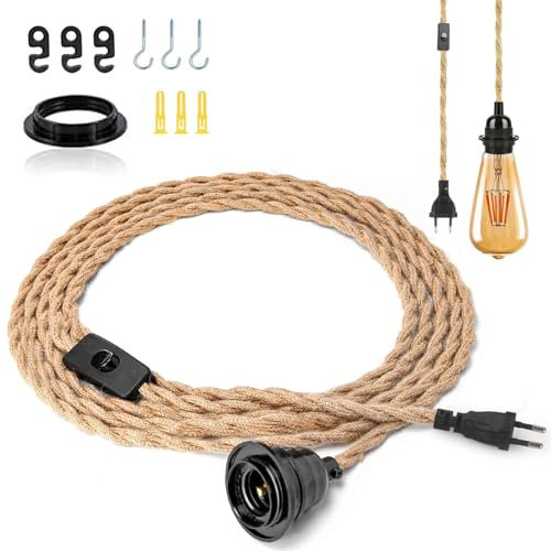 WUYOR Vintage Corde de Chanvre Câble 4.5m avec interrupteur Tête unique suspendue Câble de lumière Corde E27 Prise Textile Cordon Décor pour Chambre Salon Cuisine- Ampoule incluse