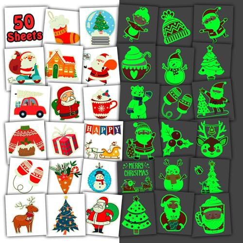 Leesgel Decorazioni Natalizie, 50Pz Tatuaggi per bambini Stickers Bambini per Ide Regali Natale 2024, Riempitivo per Calze Natale Pensierini Pignatta Gadget Festa Compleanno Bambini Gadget Natale