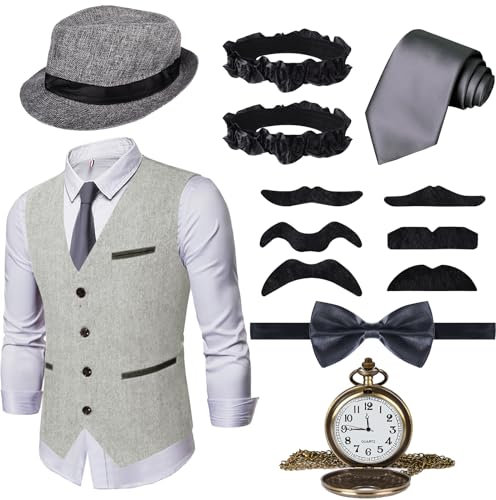 Ulikey 20er Jahre Herren Accessoires, 1920er Mafia Kostüm Herren Set, 1920er Herren Kostüm Zubehör mit Westen & Verschiedenen Accessoires für Halloween, Karneval Kostüm (Grau, L)