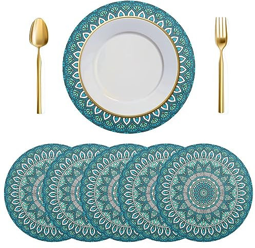 Runde Platzsets, 6er-Set, türkis, indisches Mandala, Bohemian-Esstisch, Tischsets, Küchen-Platzdeckchen, hitzebeständig, Tischmatten für Zuhause, Urlaub, Party, Dekoration, Weihnachtsdekoration,