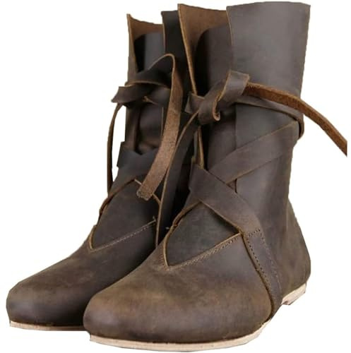 Botas Medievales de Caballero de Cuero PU, Botas Medievales renacentistas para Cosplay, Botas Vintage para Hombres y Mujeres, Zapatos con Cordones de Fondo Plano