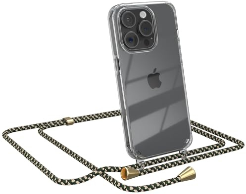 EAZY CASE Handykette kompatibel mit iPhone 15 Pro Handyhülle mit Umhängeband, Handykordel mit Schutzhülle, Silikonhülle, Hülle mit Band, Stylische Kette für Smartphones, Grün Camouflage