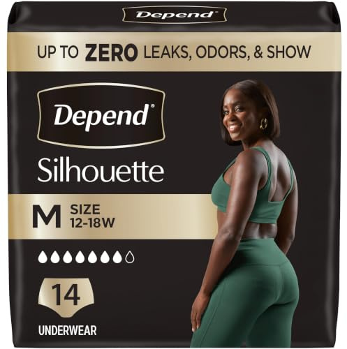Depend Silhouette Adult Diapers, Incontinence & Postpartum Bladder Leak Underwear for Women, Maximum Absorbency, Medium, Pink, 14 Count, Packaging May Vary