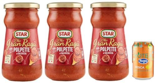 Rummo 3er-Pack Star Il Mio Gran Ragu' con Polpette di Salsiccia,Tomatensauce mit Schweinefleisch und Wurst Frikadellen,360g Glas + 1er-Pack Kostenlos Yoga Eistee Pfirsich 330ml Dose