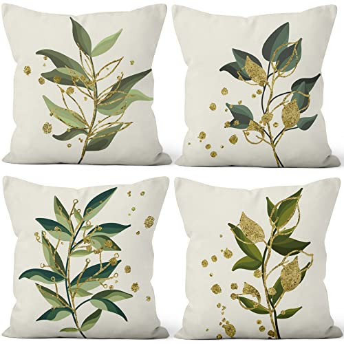 Uiiooazy Kissenbezug Eukalyptus, Kissenbezüge Grün Gold Blätter Aquarell Pflanzen Quadrat Kissenhülle Samt Dekorative Zierkissenbezug für Sofa Schlafzimmer Wohnzimmer Auto Zuhause, 4er Set, 50Bx50Hcm