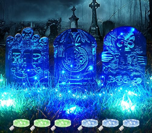 Maxee Halloween Glühendes Schaumstoff Grabsteine, 3 Stück 40x20x2,5 cm RIP Friedhofsschilder Dekoration mit 6 Lichterkette(Grün und Blau), Grabsteine Deko mit Pfählen für Garten, Partys im Freien