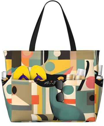 ZISHAK Mid-Century Modern Art Cat Print Geräumige Handtasche, sandabweisende Strand-Tragetasche für modische Damen, Schwarz, Einheitsgröße