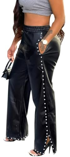 SOMTHRON Women's PU Faux Leather Pants Elastic High Waist Straight Wide Leg Pearls Studded Side Slit Trousers BL-L Black