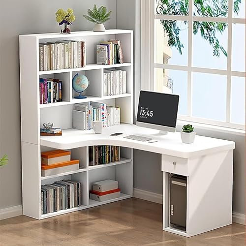 L-Shaped Desk with Hutch - Modern 47 Inch Wood Corner Computer Desk with Drawers, Storage Shelves, Writing and Study Table for Home Office Workspace Furniture(W)