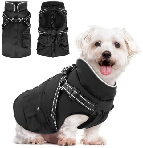 Woiil Hundemantel Hundejacke Wintermantel für Mittelgroße Hunde, Hundemantel Winter mit Geschirr, Hunde Wintermantel Ärmellose Baumwolle Gepolsterte Weste Wasserdicht Warme Reflektierend, Schwarz M