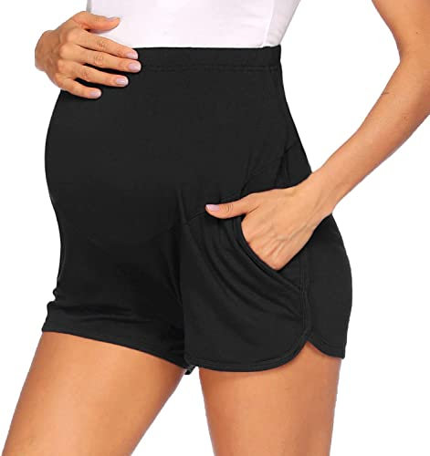Short de grossesse court et confortable pour femme enceinte - En coton - Super confortable - Pour le sport de maternité - Avec poches - Pour la mode, Noir , L