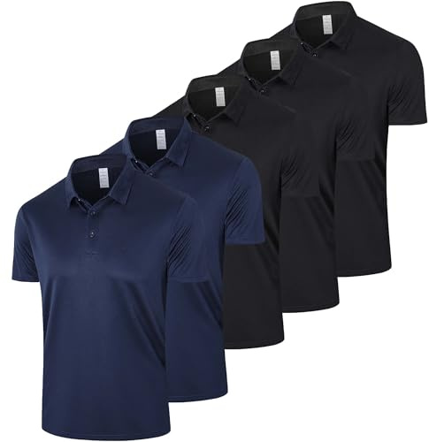 Gaiatiger 5 Pack Mens Polo Shirts Short Sleeve Quick Dry Performance Workout Polo Shirt Breathable Sports Tee Golf Tops(P531)-3Black2Navy-L