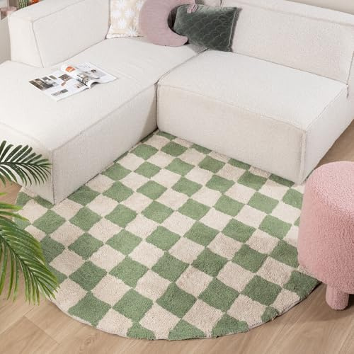 FRAAI | Home & Living Rund Retro Teppich - Gambit Grün Weiß - Ø 100 cm | Symmetrische, Blöcke - Modern, Retro - Wohnzimmer, Kinderzimmer, Schlafzimmer - Fellteppich