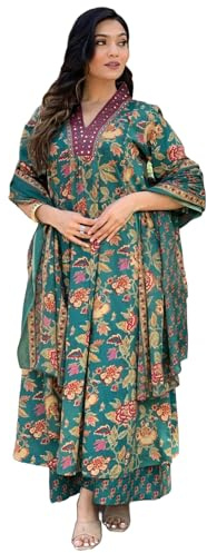 GoSriKi Women's Anarkali Viscose Kurta with Palazzo and Dupatta, Green, S