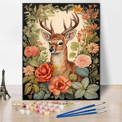 TISHIRON Hirschfarbe nach Zahl für Erwachsene-Farbe nach Zahlen für Erwachsene Anfänger, DIY Acryl Erwachsene Farbe nach Zahl Kits, Farbe nach Zahlen für Home Wall Decor 40x50cm ohne Rahmen