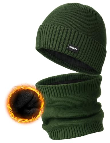 Wmcaps Winter Hats Scarf Set for Men, Thermal Knit Beanies and Circle Scarf, Unisex Neck Warmer Fleece Hat, Skiing Gift Sets for Men and Women
