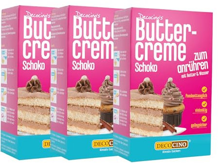 Decocino Schoko Buttercreme Fertigmischung (3x250g) - fertige Buttercreme Mischung im Schoko Geschmack, ideal für Torten, Kuchen und Cup Cakes, Topping, Motivtorten, Frankfurter Kranz, Geburstag
