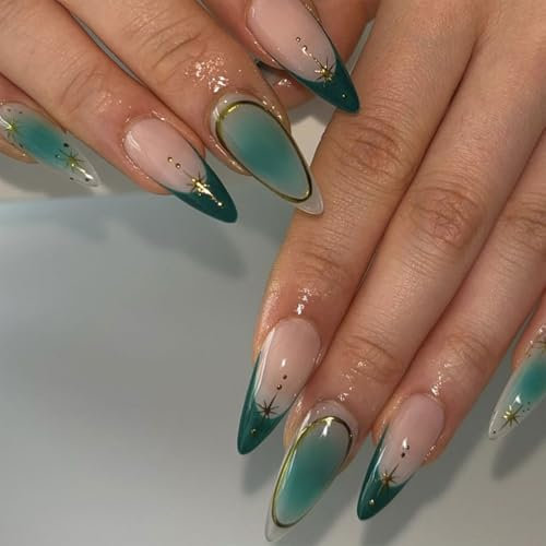 LunarCharm 24 Stück Aufdrücknägel, mittelgroß, mandelförmig, künstliche Nägel, glänzend, zum Aufkleben, grüne Ombre-Acrylnägel, Stiletto-Kunstnägel, French Tip, zum Aufkleben