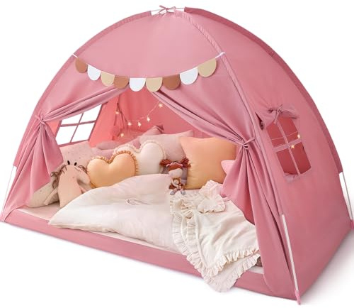 Bed Tent Twin, Bed Canopy for Kids Girls, Tents Toddler Portable Sleeping Tents Indoor, Pink Bunk Canopy Floor Playhouse for Twin Size Bed for Birthday Toy House Gift