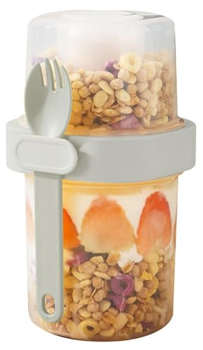 DONGKER Haferbehälter für Übernachtung, 1 Stück 900ml Doppelwandiger Müslibecher mit Löffel, Eingebaute Dip-Behälter, Overnight Oats Becher für Müsli, Milch, Gemüse, Obst, Salat