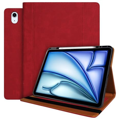 World biz Étui en cuir pour iPad Air 13 M3/M2 (2025/2024), support de visualisation multi-angle en cuir de qualité supérieure avec porte-crayon et emplacements pour cartes, mise en veille/réveil