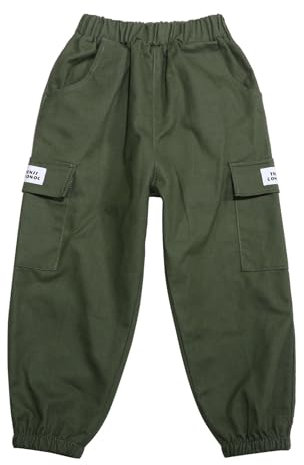 Generisch Pantaloni da allenamento per bambini e ragazzi, pantaloni cargo per il tempo libero con elastico in vita, verde, 11-12 Anni