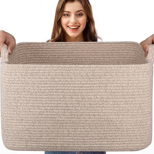 Esteopt Extra Large 65L Foldable Storage Baskets with Handles - Heavy Duty Cloth Organizer Box for Toys, Blankets, Seasonal Clothes - Collapsible Space Saving Design (55x38x30cm) (Flaxen)