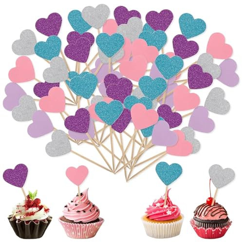 50 Stück Muffin Deko Geburtstag,Muffin Deko Geburtstag,Mehrfarbig Glitter Cupcake Topper,Herzen Tortendeko,Liebe Dekoration Plakette,für Hochzeit Geburtstagspartys Valentinstag Party Supplies