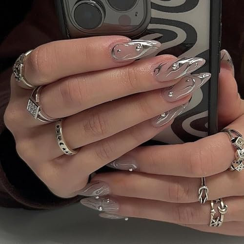 24PCS Silver Flame Press on Nails – Metallic Fire Design Fake Nails with Glue, Long Almond Shape Stick-on Tips for Women, 12 Sizes, Fashion Nail Art Kit (1)