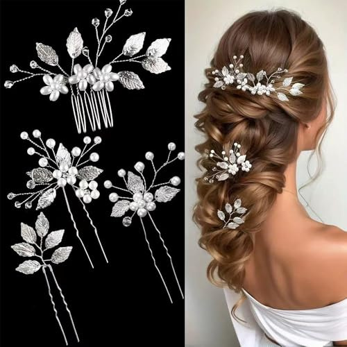 XFSRG 4 Pièces Broche Cheveux Mariage Perle Bijoux Accessoires de Cheveux en Cristal Peigne Mariage Ornés de Feuilles Mariée Broche Pince Chignon pour Femmes (Argent)