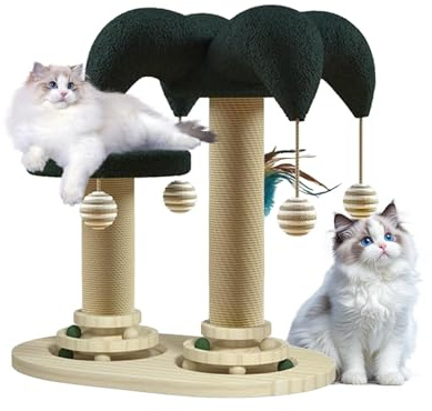 Petyoung Griffoir pour Chat, Jouet Interactif pour Chat 6 en 1, Arbre à Chats en Corde de Sisal avec Piste à Billes Rotative, Plumes, Boules Suspendues pour Chats de Petite et Moyenne Taille