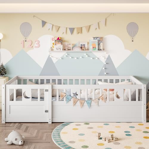 Kinderbett 90 x 190 cm aus Holz mit Sicherheitsbarrieren – minimalistisches Einzelbett für Kinderzimmer, ohne Lattenrost oder Matratze, Weiß