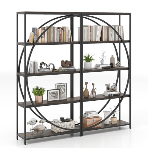 COSTWAY 2er Set Geometrisches Bücherregal, Büroregal mit offenen Holzregale & Metallrahmen, Standregal industriell, Aufbewahrungsregal für Wohnzimmer & Arbeitszimmer