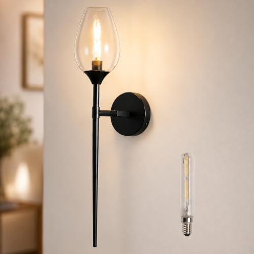 SERBASIC Black Glass Wall Light with Wine Shade,Vintage Wall Sconce with E14 Bulb for Bathroom Bedroom Living Room Hallway