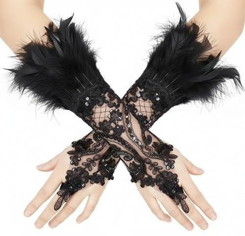 Vylara Fingerlose Spitzenhandschuhe Damen Schwarz mit Federn, Vintage Federhandschuhe 20er Jahre Stil, Black Swan Kostüm Handschuhe für Hochzeiten Halloween Kostümpartys