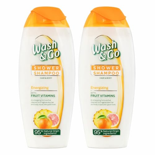 Wash & Go Energising Shower Shampoo with Fruit Vitamins (2x250ml) - 2-in-1 Hair & Body Wash, 95% Natural Ingredients, Citrus Scent, Family Daily Shower Gel