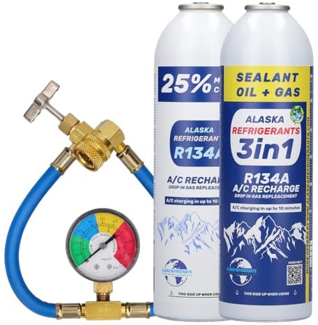 Kombiniertes Alaska Refrigerants Kit – 3in1 R134a Ersatzkältemittel mit PAG 100 Öl und Dichtmittel + R134a Ersatzkältemittel + Schlauch & Manometer