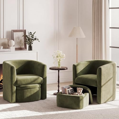 MALOL Velvet Accent Chair with Ottoman Storage Box Set of 2, Wooden Frame Armchair with Footstool, Single Sofa Chair, Arm Chairs for Living Room Bedroom Reading Spaces Office, Green