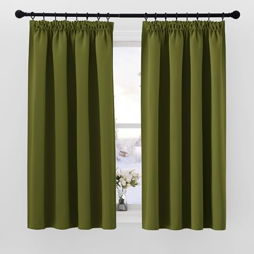 PONY DANCE 54 inch Drop Blackout Curtains - Pencil Pleat Window Covering for Noise Reducing Light Blocking Short Thermal Drapes Panels for Bedroom Shade, W46 X L54, Olive