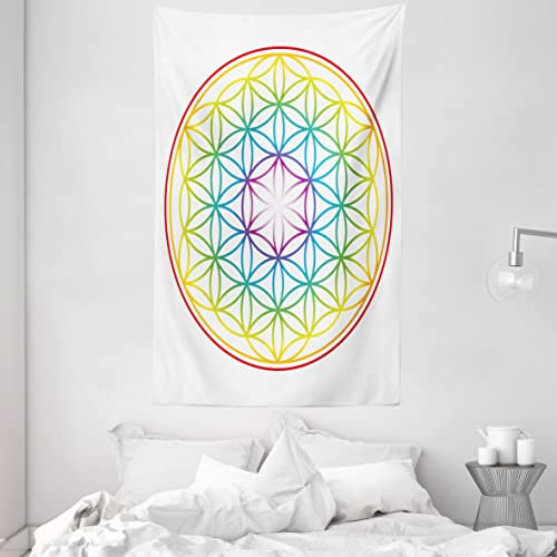 ABAKUHAUS Platz Wandteppich und Tagesdecke, Leuchtende Blume des Lebens aus Weiches Mikrofaser Stoff Waschbar ohne Verblassen Digitaldruck, 140 x 230 cm, Gelb Blau