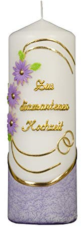 Meissner-Handel Auswahl * Stumpenkerze ''Zur Diamantenen Hochzeit'' * 6 x 18 cm * lila * mit farbigen Wachsauflagen * (Motiv 005) Auswahl Motiv + Farbe