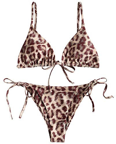 ZAFUL Damen Gepolstert Bikini Set, Einfarbig Bikini Badeanzug mit Dreieck Cup Spaghetti-Träger (Braun-A, M)