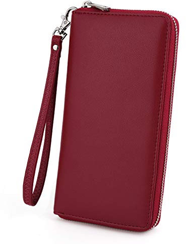 UTO Portafoglio Donna 18 slot per carte credito Chiusura lampo completa e Tasca con cerniera per telefono da polso in Pelle Sintetica Rosso