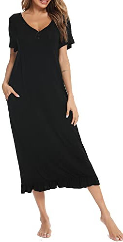 Vlazom Women's Long Nightgown V Neck Sleep Shirt Nightdress Jersey Nightshirt for Loungwear Sleepwear, A-Black, M