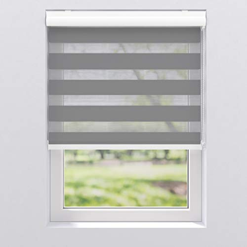 Doppelrollo Sonnenschutz Fenster Tür Innen, 100 x 175 cm Grau gestreift | Stoff transparent & blickdicht aus Polyester / Metallhalter für Wand- & Deckenmontage / mit 28 mm Welle, Kettenzug & Kassette