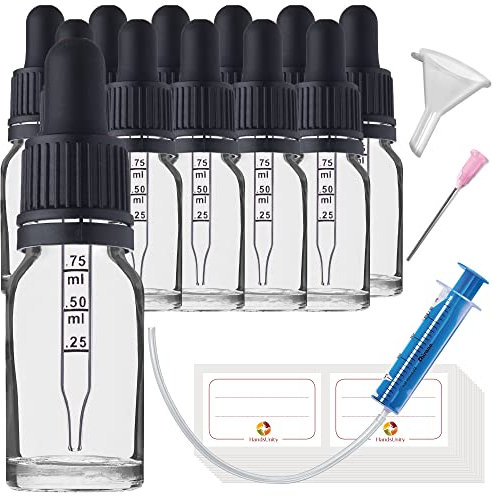 HandsUnity Lot de 12 bouteilles en verre pour pipette - 10 ml - En verre transparent avec capuchon noir - Contient 29 bouteilles en verre transparent