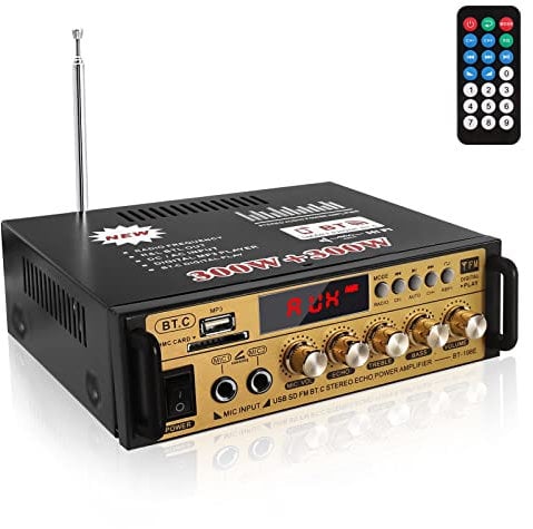 Etlephe Mini Verstärker,HIFI Verstärker,Bluetooth 5.0-Stereo Audio,12 V 220 V 600 W, 2 Kanäle, LCD-Display, High Fidelity, tragbares UKW-Radio, SD/USB-Karteneingang, für Zuhause oder Auto