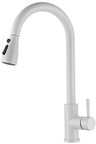 EGSO Wasserhahn Küche Weiß, Hochdruck küchenarmatur mit brause ausziehbar, Mischbatterie küche Spültischarmatur, 360° Drehbar Zwei Strahlarten, Edelstahl