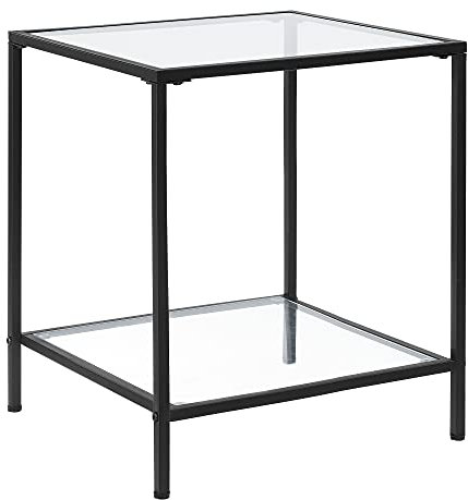 Table d'Appoint avec Étagère Table Carrée Design Bouts de Canapé de Salon Plateau en Verre Trempé Pieds en Acier 55 x 45 x 45 cm Noir Transparent